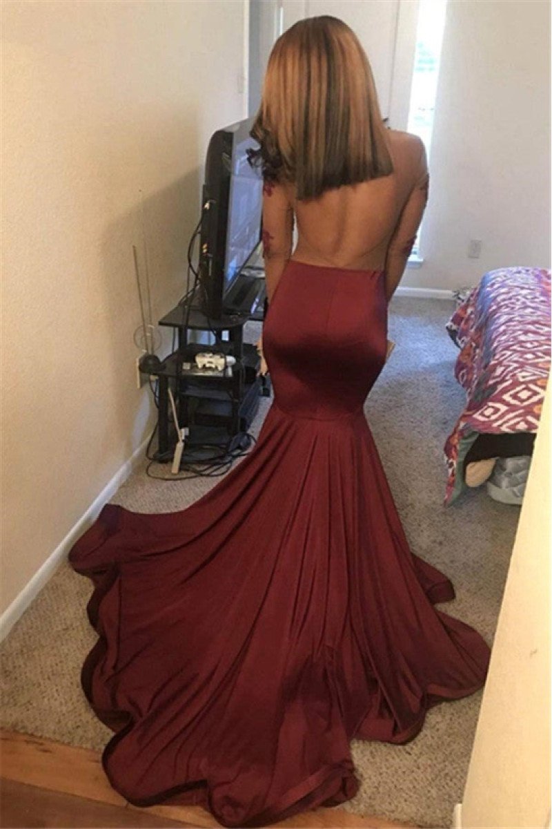 Bess Sexy Burgundy Jewel Long Sleeves Open Back Appliques Mermaid Prom Dresses