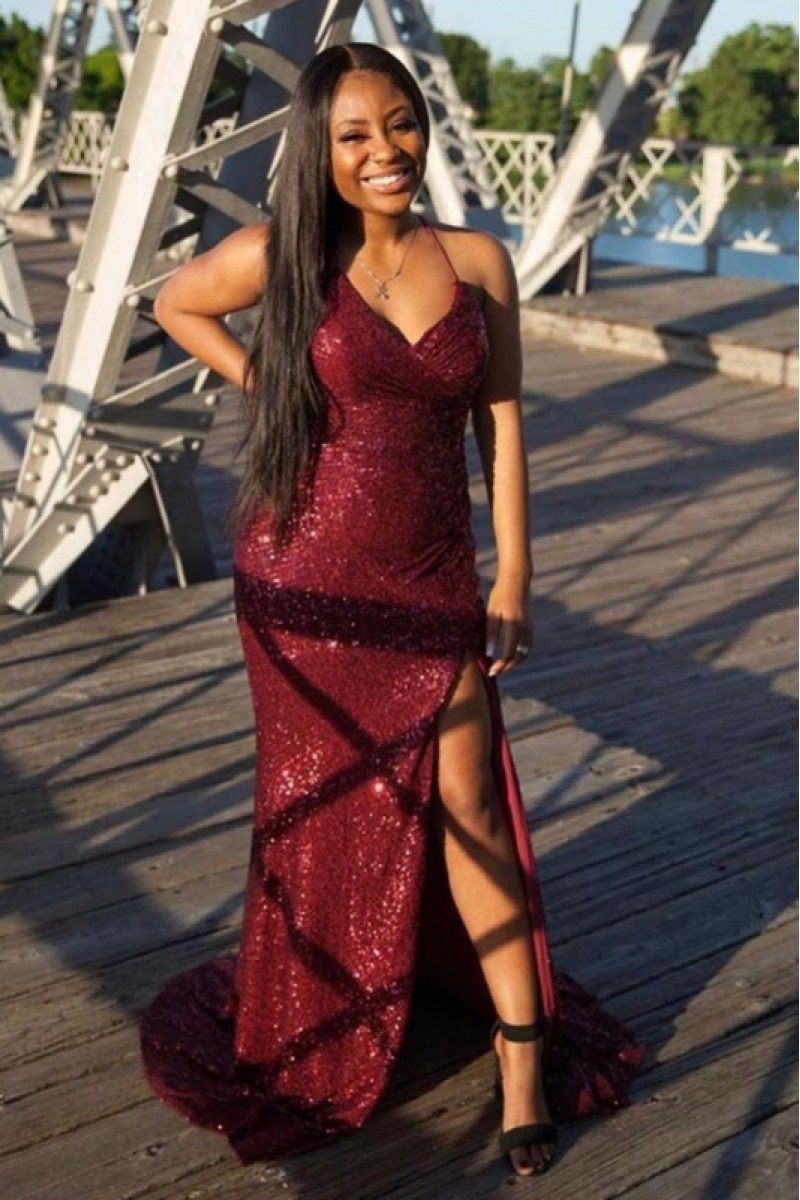 Betty Sexy Burgundy Spaghetti Straps Side Slit Backless Sequins Sheath Prom Dresses