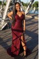 Betty Sexy Burgundy Spaghetti Straps Side Slit Backless Sequins Sheath Prom Dresses