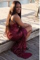 Betty Sexy Burgundy Spaghetti Straps Side Slit Backless Sequins Sheath Prom Dresses