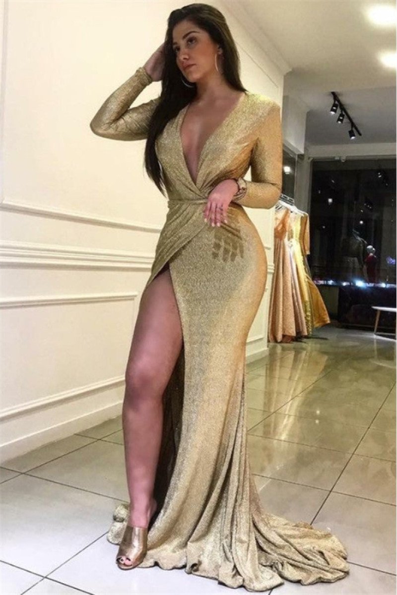 Beverly Generous Gold Sequins V-Neck Long Sleeves Side Slit Sheath Prom Dresses