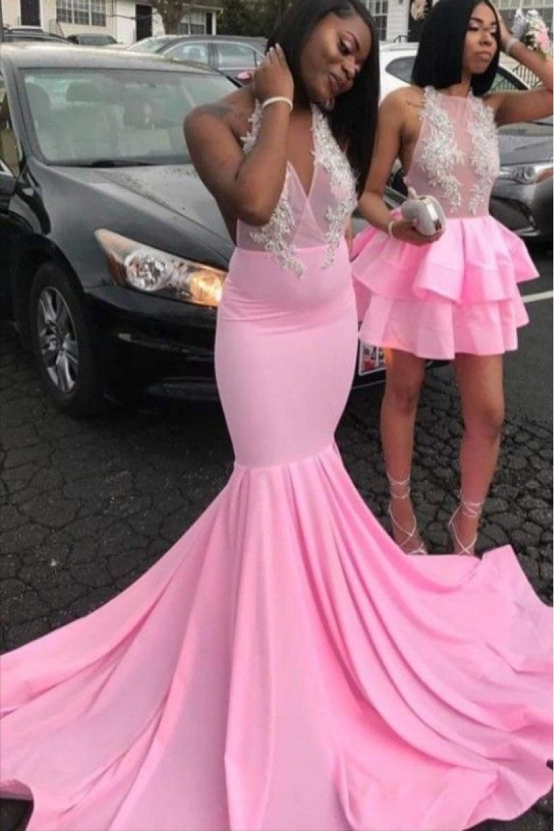 Blake Gentle Pink Halter Backless Appliques Mermaid Prom Dresses With Chapel Train