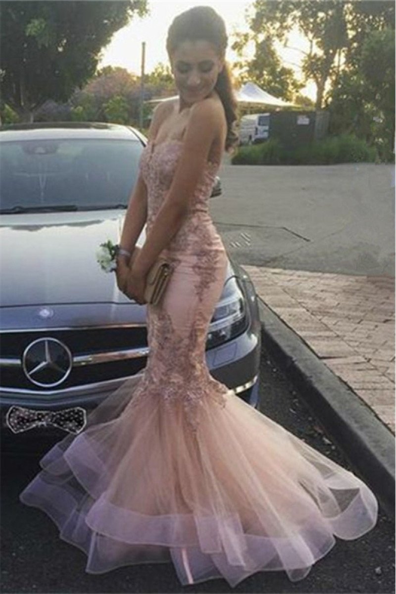 Blanche Mild Nude Pink Sweetheart Appliques Mermaid Prom Dresses