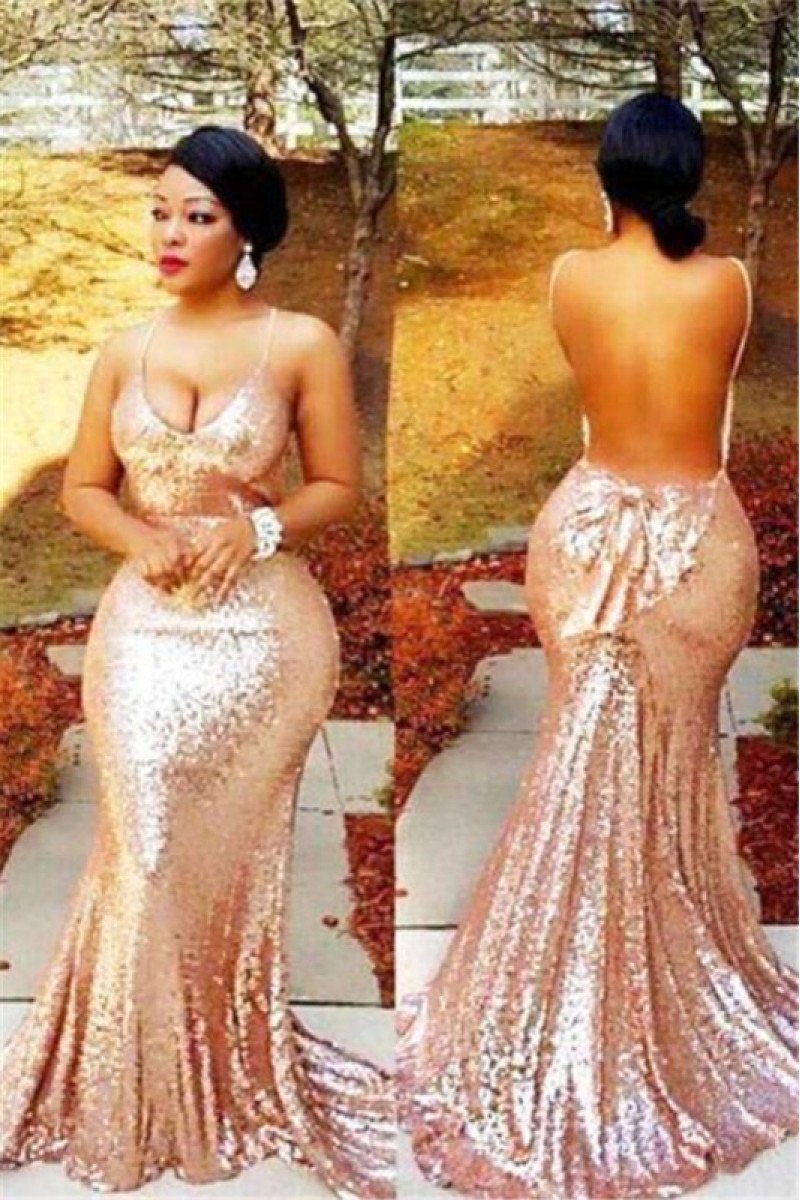 Boyce Gorgeous Champagne Spaghetti Straps Backless Sequins Sheath Prom Dresses With Boeknot