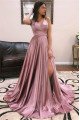 Bridget Honorable Dusty Pink Spaghetti Straps Side Slit Open Back A-Line Prom Dresses