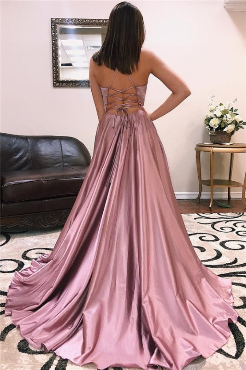 Bridget Honorable Dusty Pink Spaghetti Straps Side Slit Open Back A-Line Prom Dresses