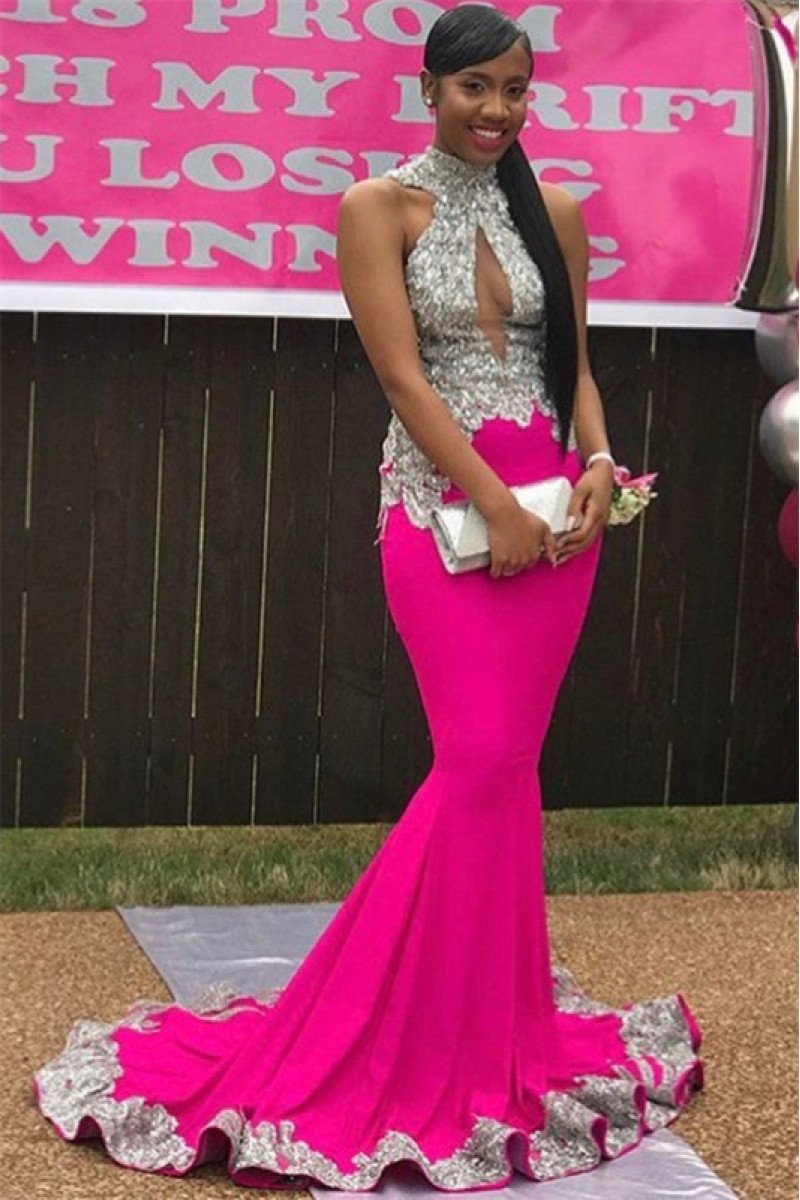 Brittany Intellectuality Fuchsia High Neck Open Back Appliques Ruffles Mermaid Prom Dresses