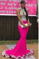 Brittany Intellectuality Fuchsia High Neck Open Back Appliques Ruffles Mermaid Prom Dresses