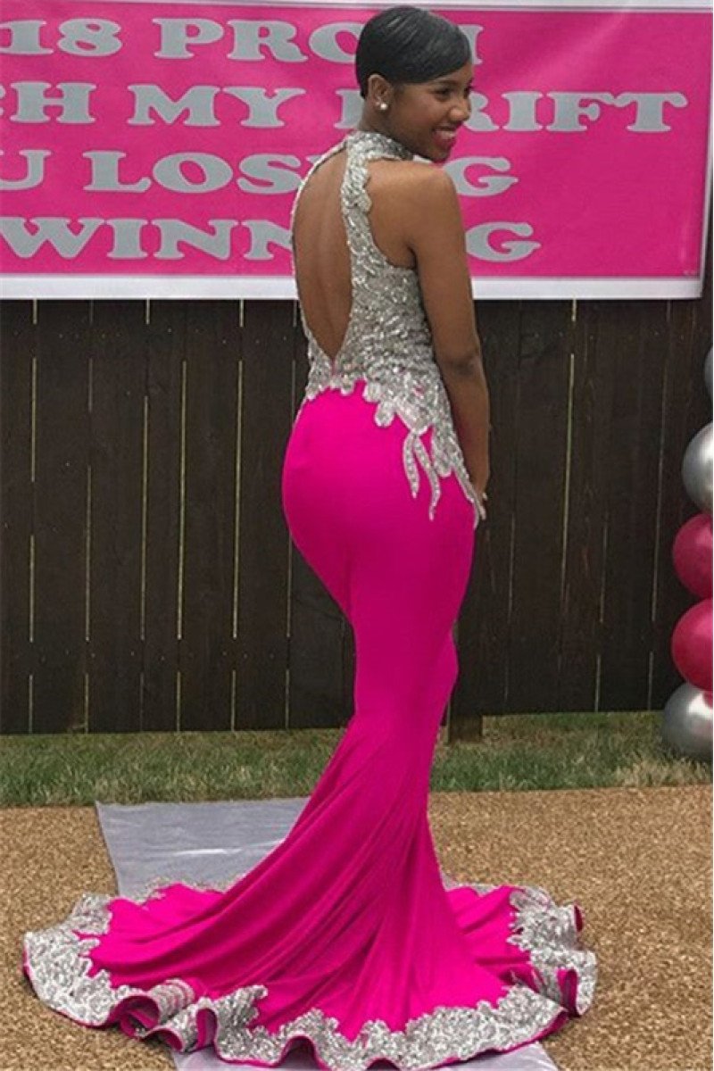 Brittany Intellectuality Fuchsia High Neck Open Back Appliques Ruffles Mermaid Prom Dresses