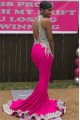 Brittany Intellectuality Fuchsia High Neck Open Back Appliques Ruffles Mermaid Prom Dresses