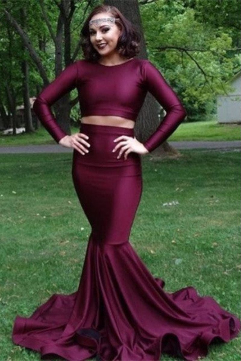 Brooklyn Mild Burgundy Jewel Long Sleeves Open Back Two Pieces Prom Dresses