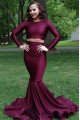 Brooklyn Mild Burgundy Jewel Long Sleeves Open Back Two Pieces Prom Dresses