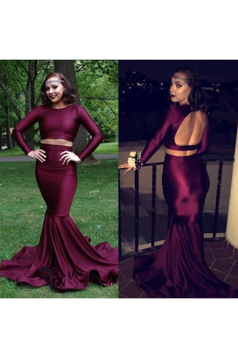 Brooklyn Mild Burgundy Jewel Long Sleeves Open Back Two Pieces Prom Dresses