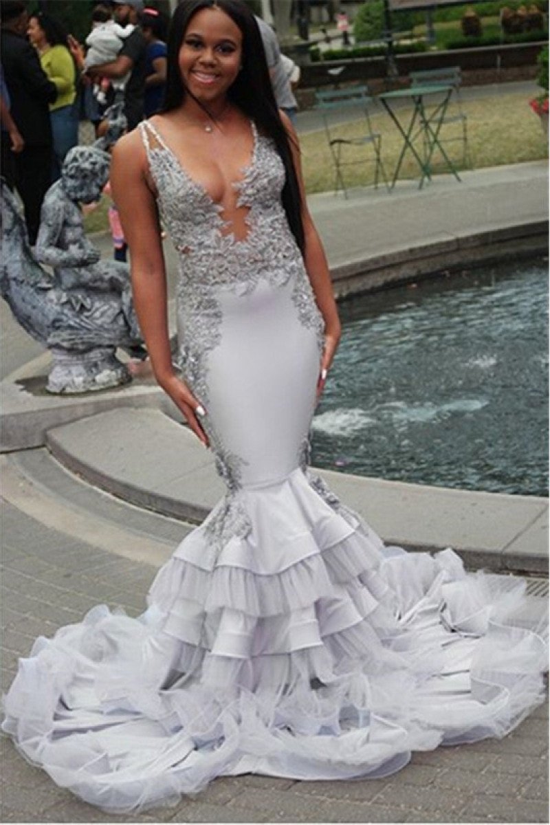 Cameron Modern Light Gray V-Neck Appliques Puffy Layers Mermaid Prom Dresses