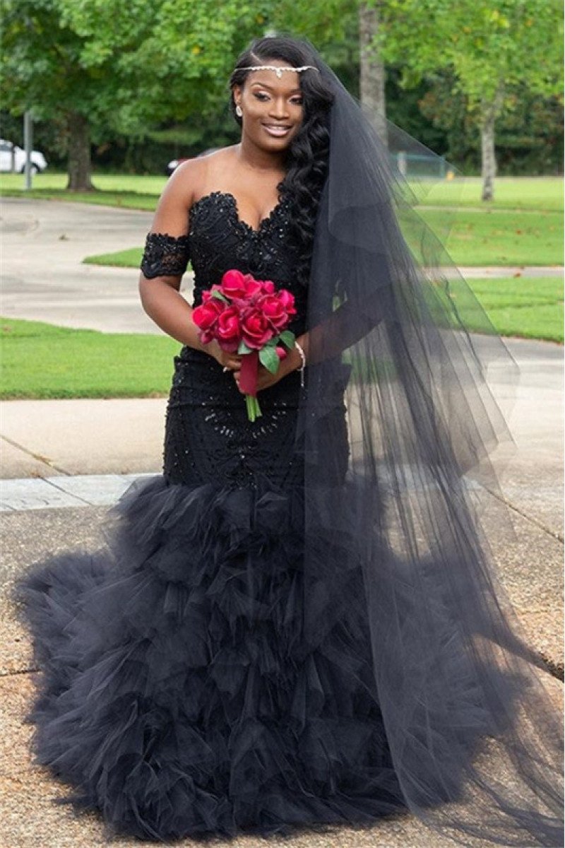 Camille Special Black Sequins Sweetheart Puffy Layers Mermaid Prom Dresses