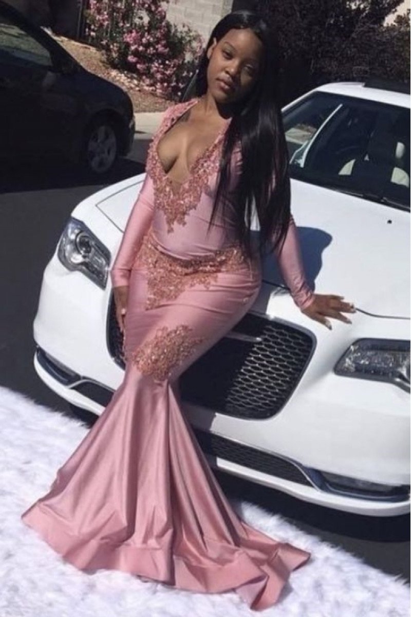 Caroline Beautiful Dusty Pink V-Neck Long Sleeves Appliques Plus Size Mermaid Prom Dresses