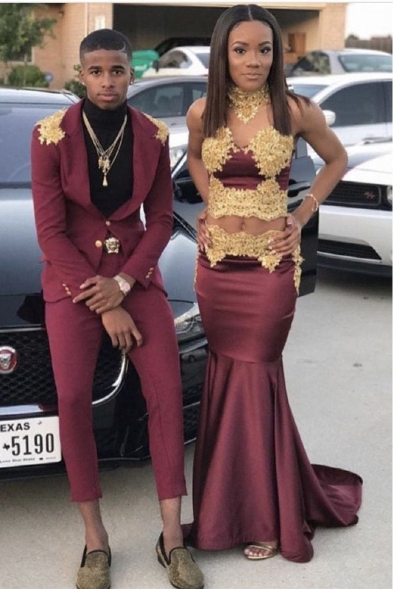 Casey Charming Burgundy High Neck Appliques Two Pieces Prom Dresses