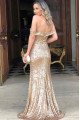 Catherine Chic Gold Sequins Off Shoulder Side Slit Open Back Sheath Prom Dresses