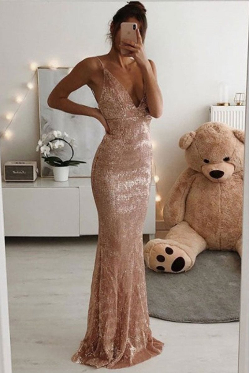 Celeste Sparkle Pink Sequins Spaghetti Straps Sheath Prom Dresses