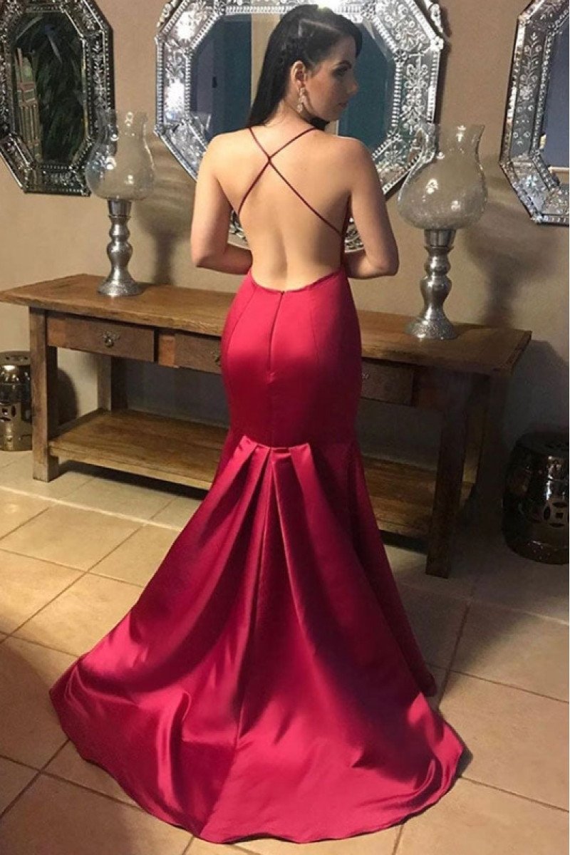 Celine Sexy Red Spaghetti Straps Backless Mermaid Prom Dresses