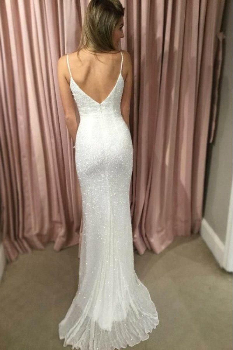 Charleen Exquisite White Spaghetti Straps Open Back Sheath Prom Dresses