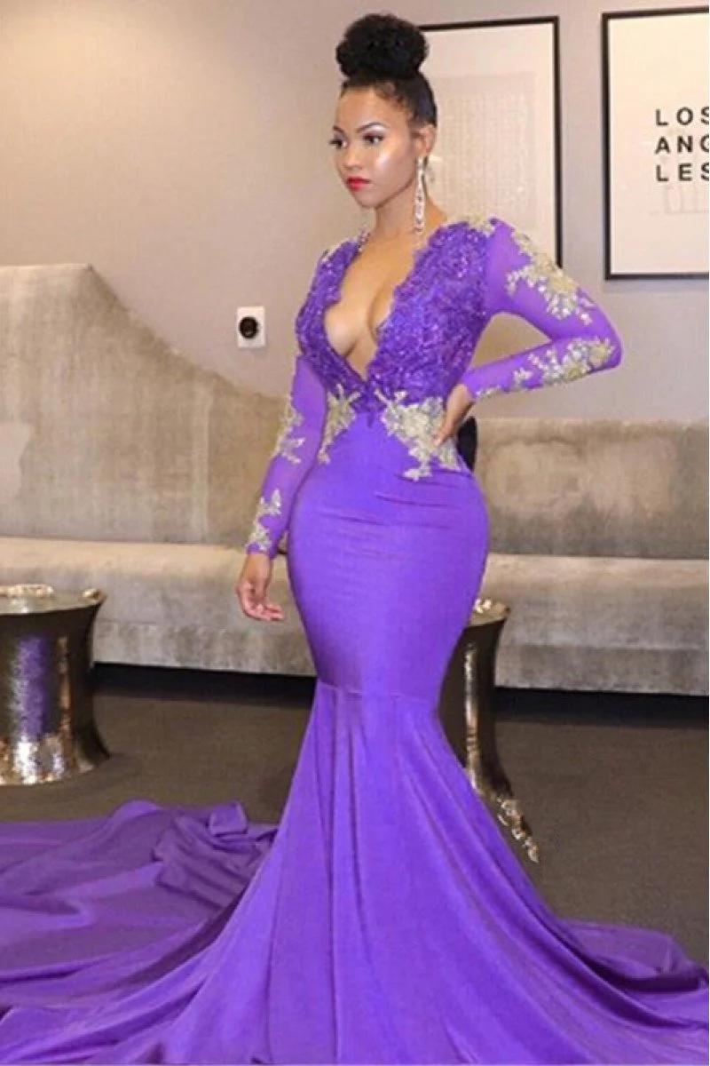 Cheryl Dignified Purple V-Neck Long Sleeves Appliques Mermaid Prom Dresses