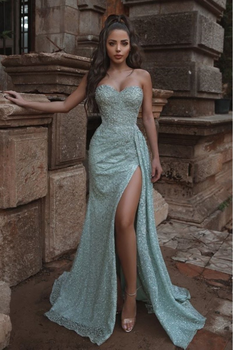 Chloe Elegant Sage Sweetheart Side Slit Sequins Sheath Prom Dresses