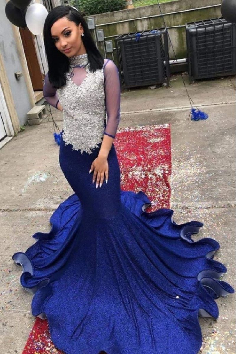 Christie Fancy Dark Blue High Neck Long Sleeves Backless Appliques Mermaid Prom Dresses