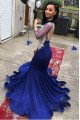 Christie Fancy Dark Blue High Neck Long Sleeves Backless Appliques Mermaid Prom Dresses