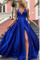 Christine Fashion Royal Blue Halter Open Back Side Slit A-Line Prom Dresses