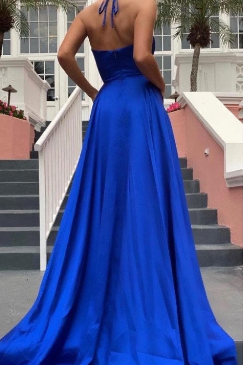 Christine Fashion Royal Blue Halter Open Back Side Slit A-Line Prom Dresses