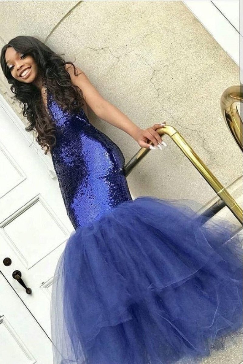 Claire Sparkle Dark Navy V-Neck Puffy Layers Sequins Mermaid Prom Dresses