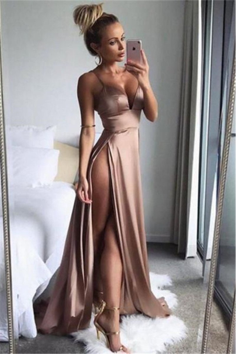 Clara Gentle Coffee Spaghetti Straps Side Slit Sheath Prom Dresses