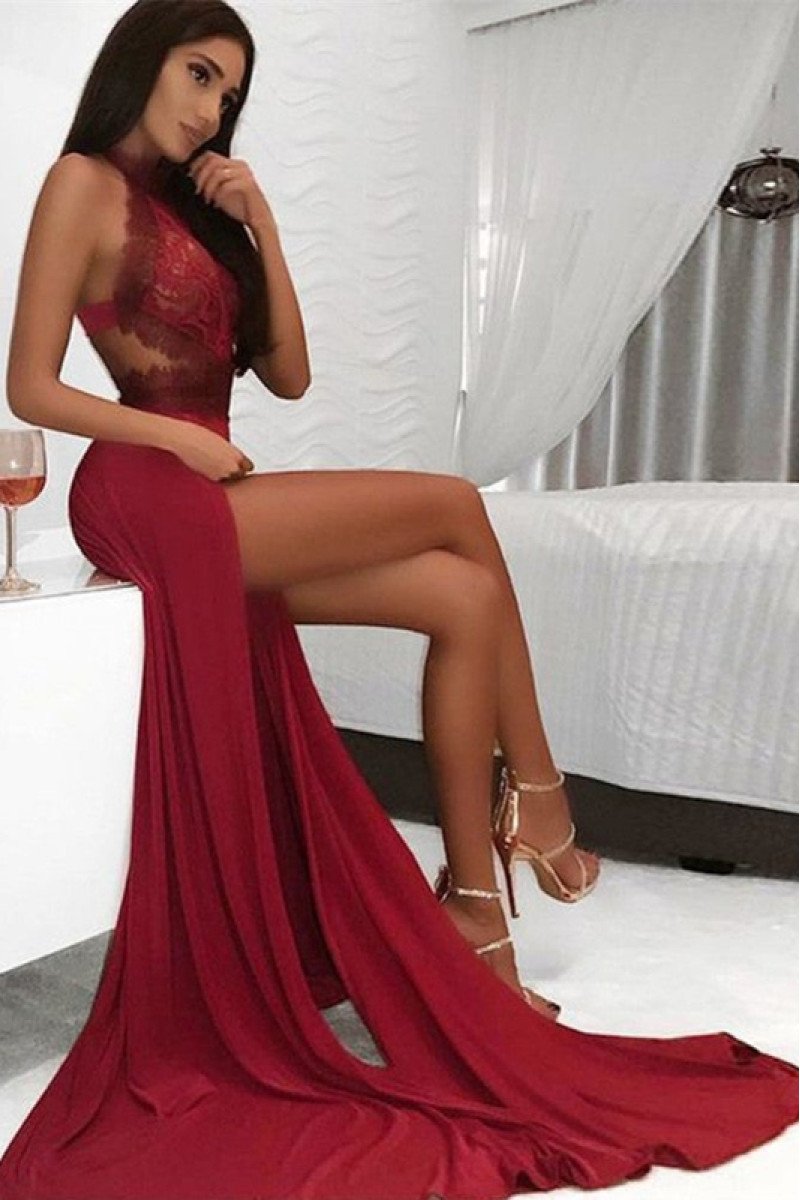 Coral Sexy Red Halter Side Slit Backless Appliques Sheath Prom Dresses