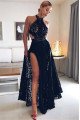 Corey Wonderful Black Halter Side Slit Backless Lace Sheath Prom Dresses