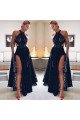 Corey Wonderful Black Halter Side Slit Backless Lace Sheath Prom Dresses