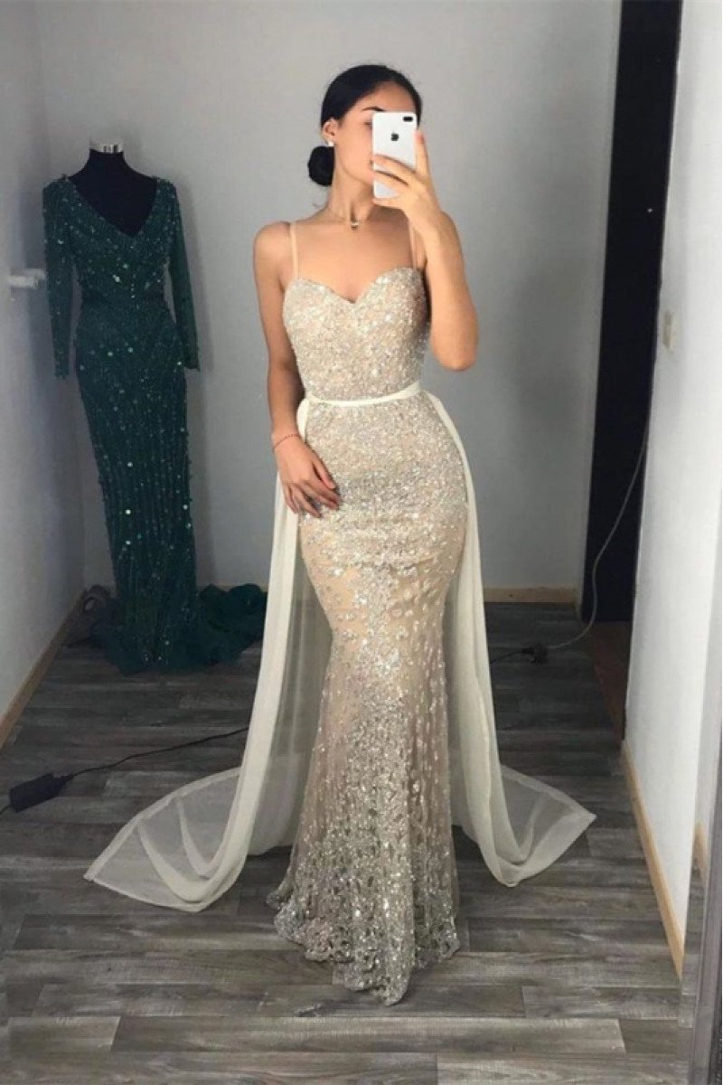 Daisy Chic White Sequins Spaghetti Straps Sheath Prom Dresses With Panel Train