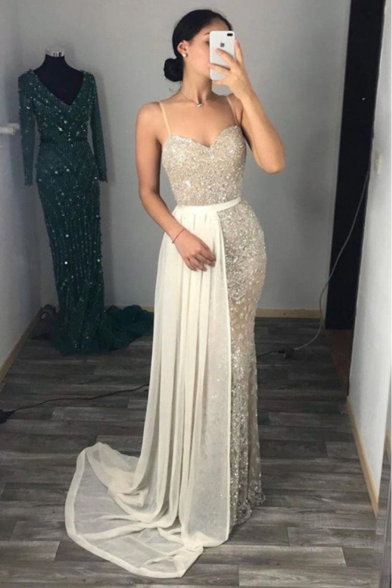 Daisy Chic White Sequins Spaghetti Straps Sheath Prom Dresses With Panel Train