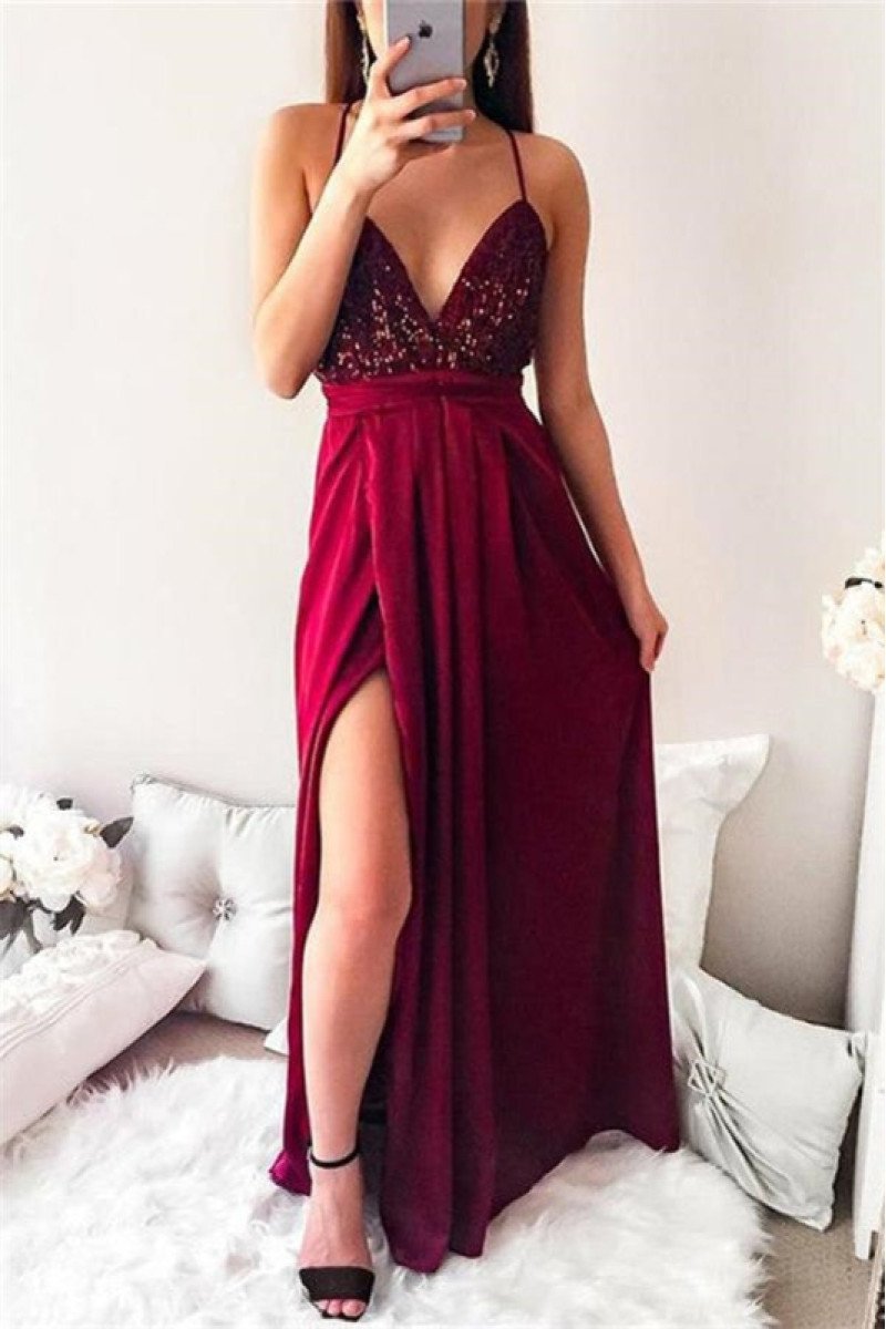 Dale Classical Burgundy Spaghetti Straps Backless Side Slit Appliques Sheath Prom Dresses