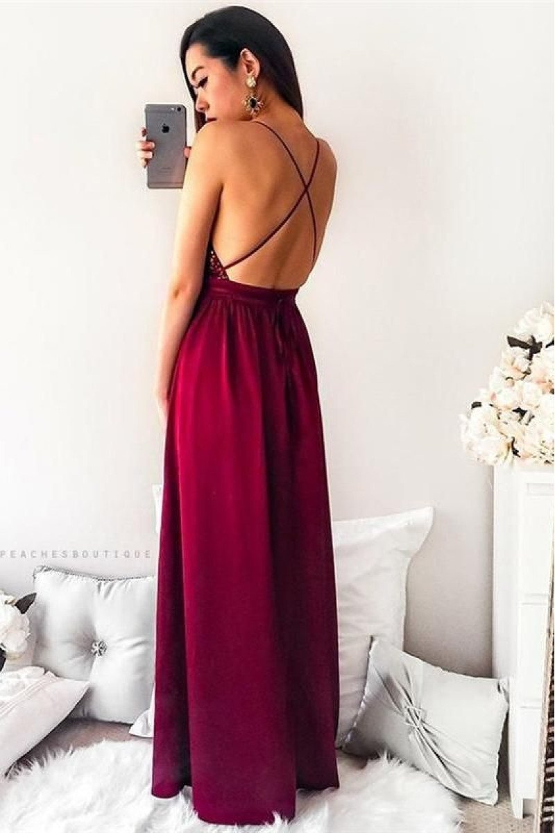 Dale Classical Burgundy Spaghetti Straps Backless Side Slit Appliques Sheath Prom Dresses