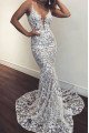 Dallas Fancy White Lace Spaghetti Straps Court Train Sheath Prom Dresses