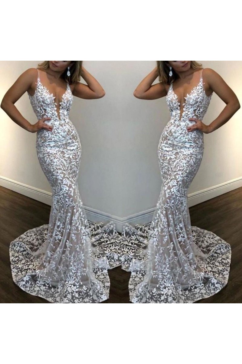 Dallas Fancy White Lace Spaghetti Straps Court Train Sheath Prom Dresses