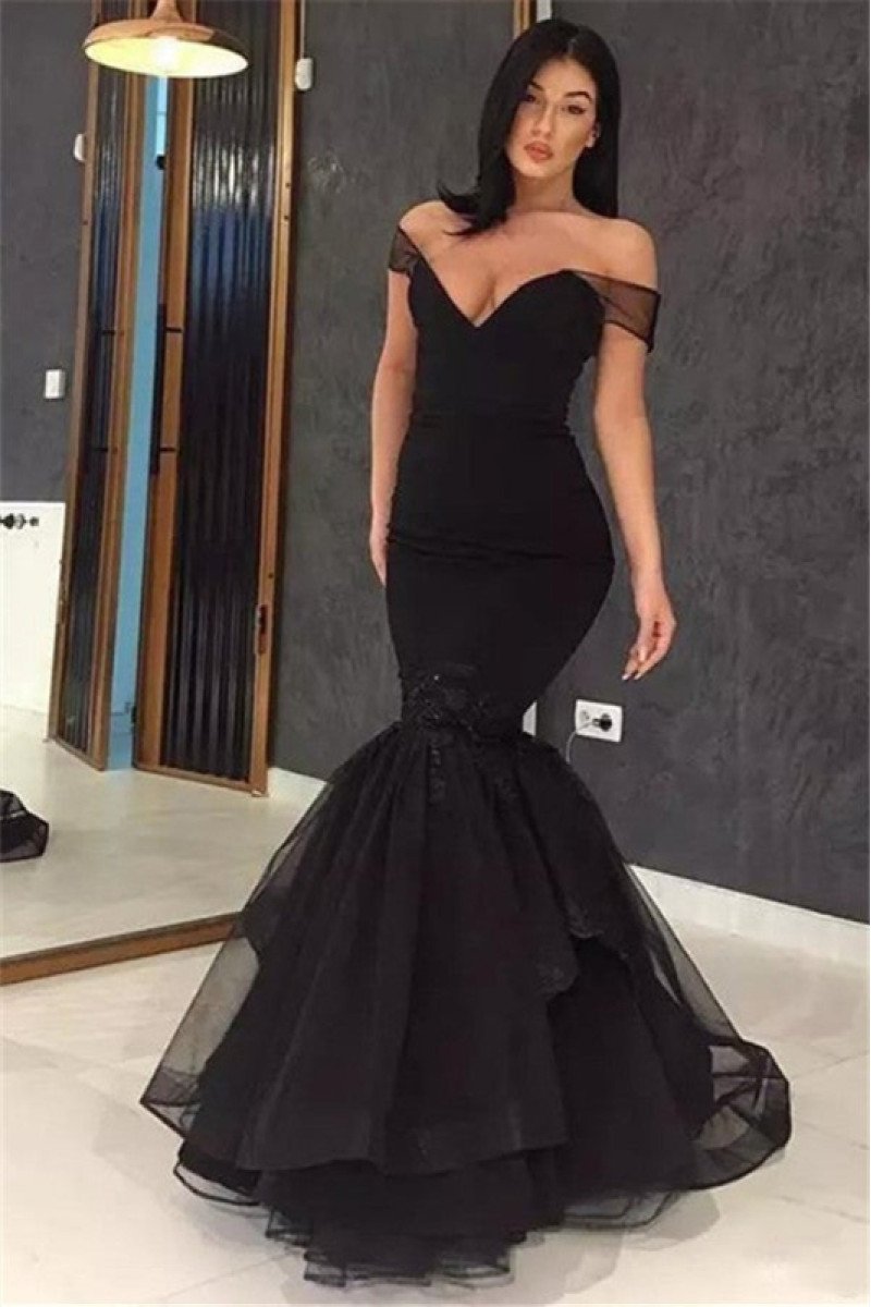 Dana Decent Black Off Shoulder Puffy Layers Mermaid Prom Dresses