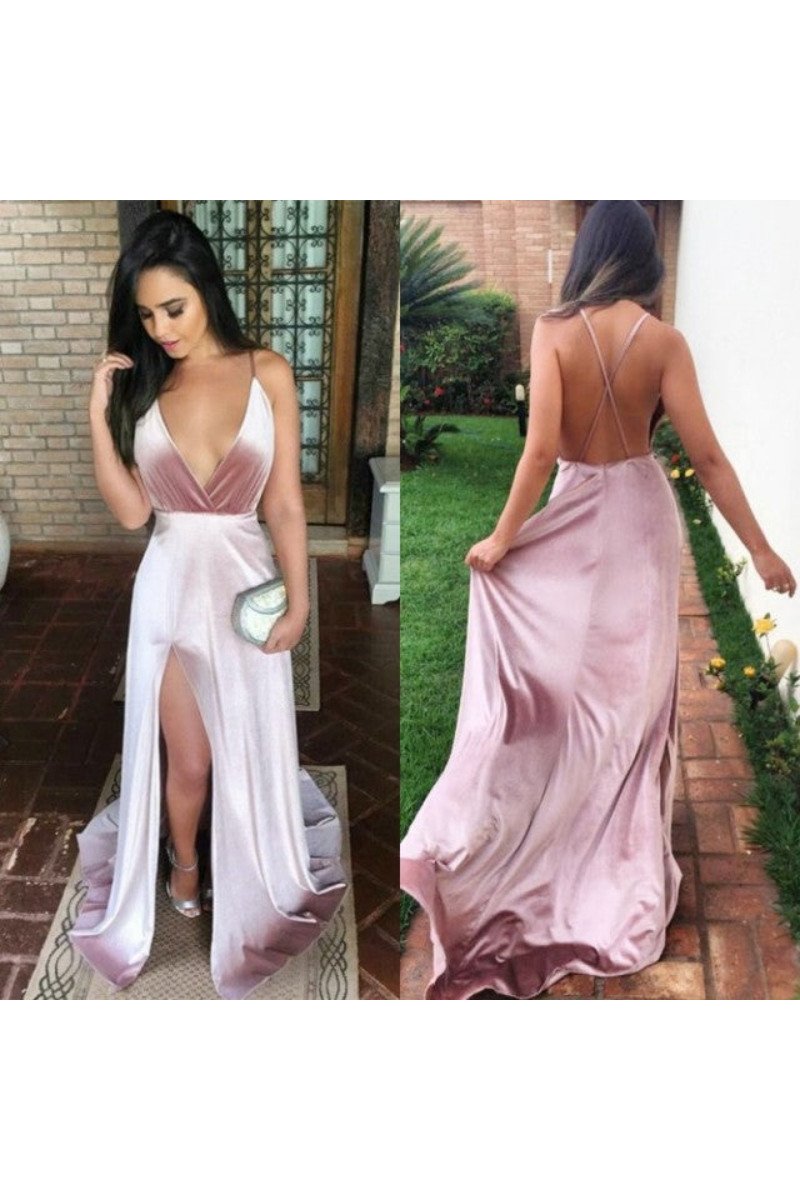 Darlene Sexy Lilac Spaghetti Straps Backless Side Slit Velvet Sheath Prom Dresses