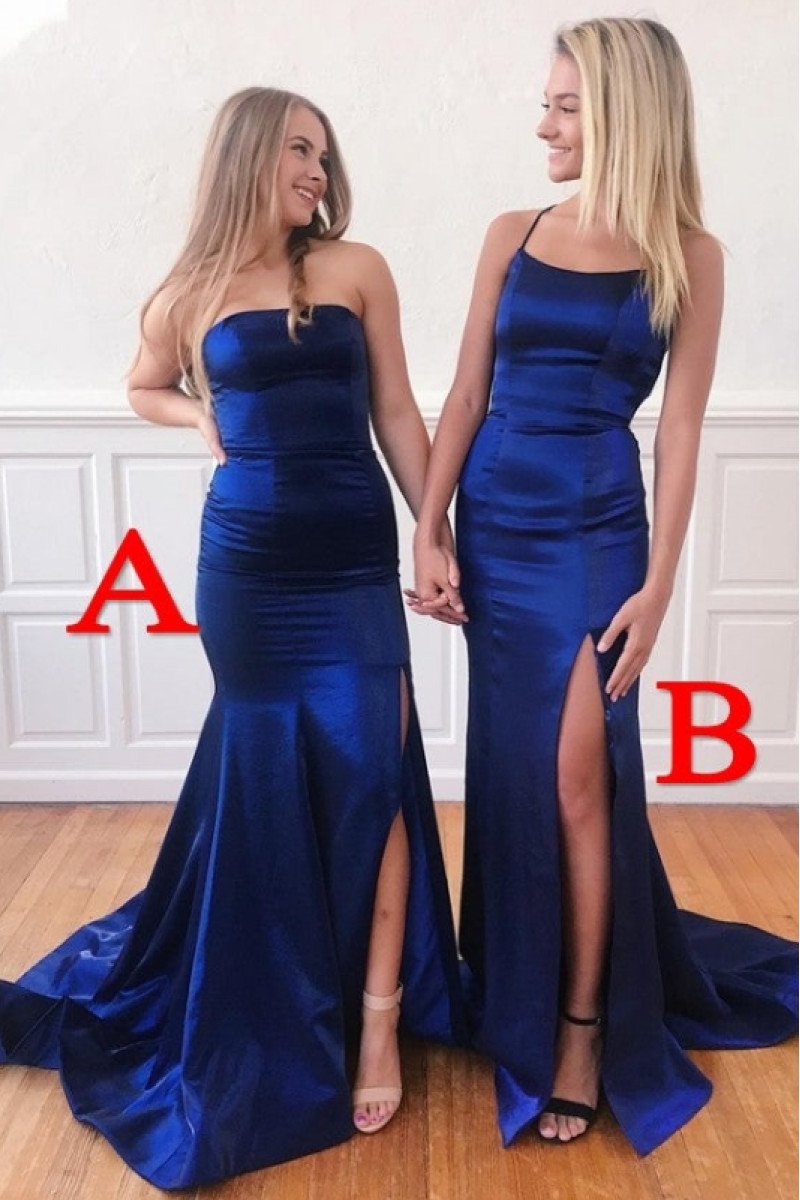 Debby Fashion Dark Blue Strapless Side Slit Open Back Sheath Prom Dresses