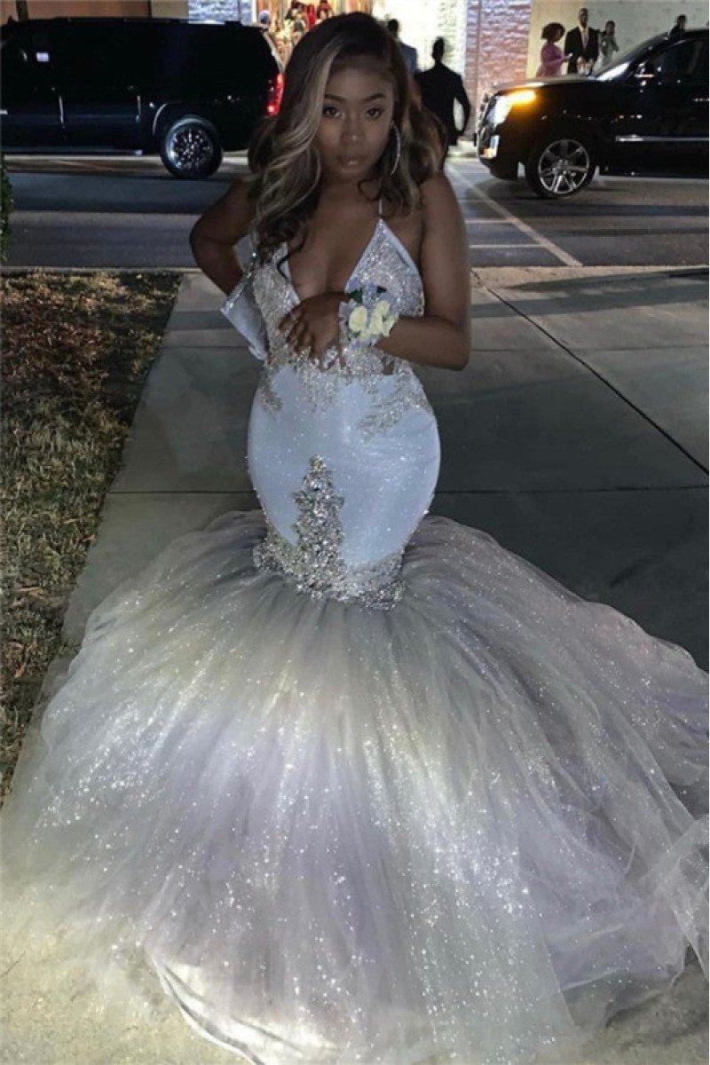 Deborah Generous White Halter Backless Puffy Layers Appliques Mermaid Prom Dresses