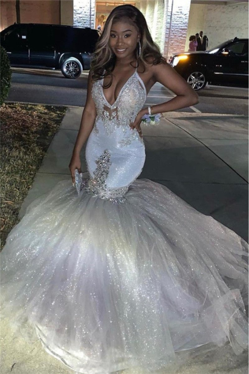 Deborah Generous White Halter Backless Puffy Layers Appliques Mermaid Prom Dresses