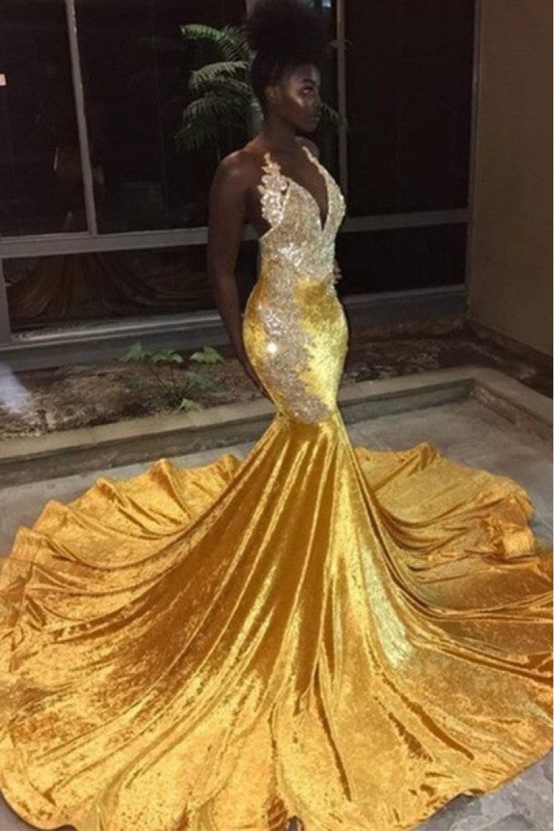 Debra Luxury Gold Velvet Halter Backless Appliques Mermaid Prom Dresses With Chapel Train