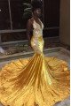 Debra Luxury Gold Velvet Halter Backless Appliques Mermaid Prom Dresses With Chapel Train