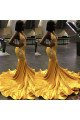 Debra Luxury Gold Velvet Halter Backless Appliques Mermaid Prom Dresses With Chapel Train